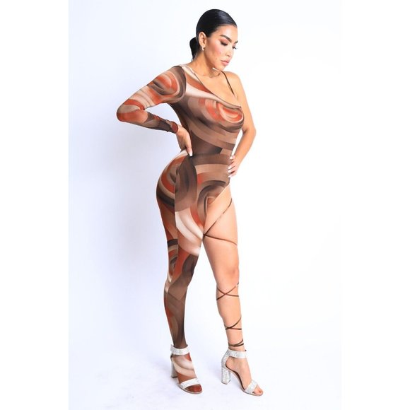 Women Paint Printed One Sleeve One Leg Tie Detailed Jumpsuit Sexy Jumpsuit - Picture 6 of 12